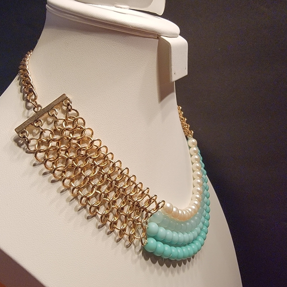 Cara 4 Strand Goldtone and Faux Pearl Faux Stone Beaded Necklace - Picture 2 of 4